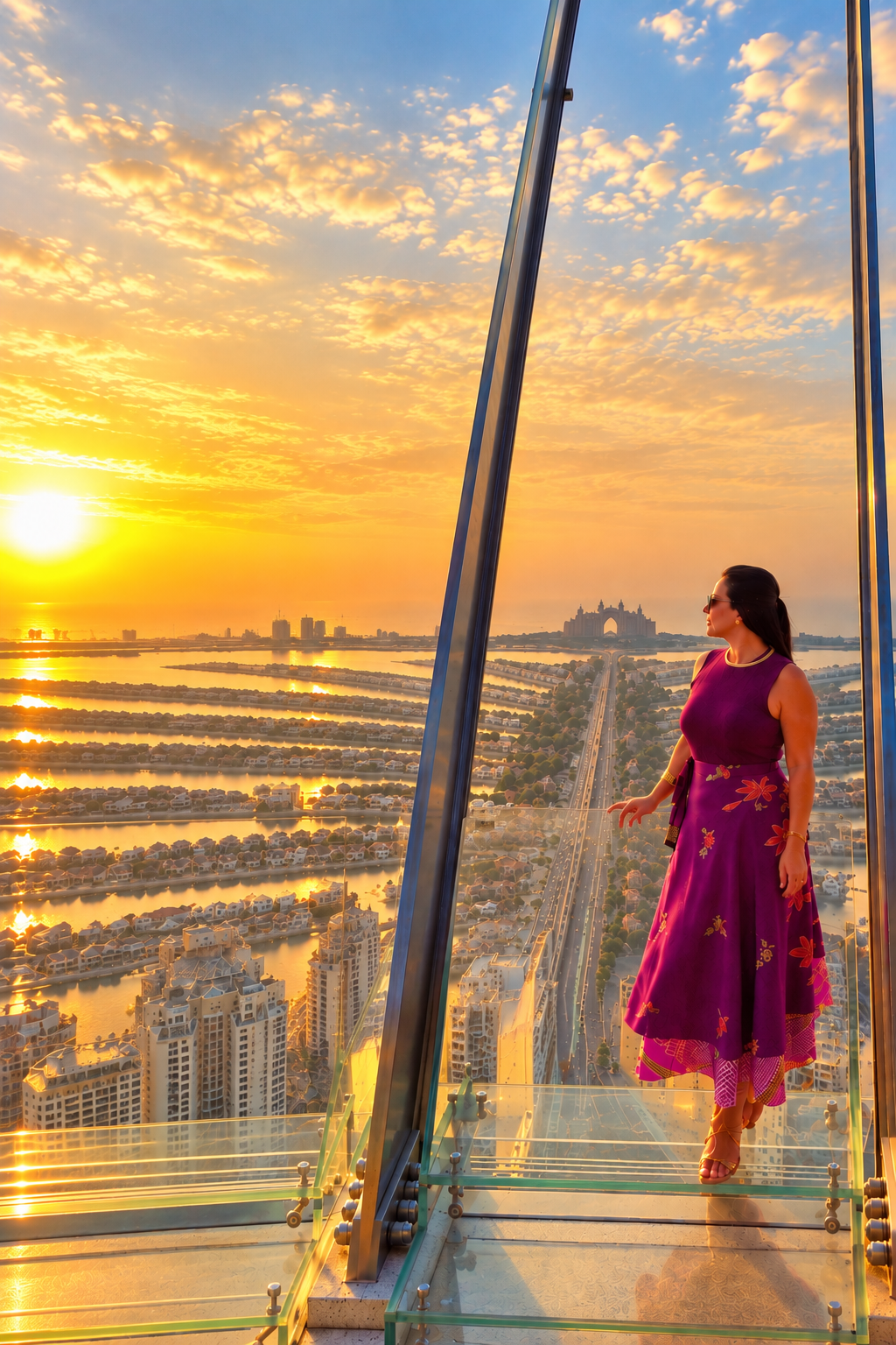 Chrys Cintra, CEO e Travel Designer da GlowUp Tur, em um mirante de vidro com vista panorâmica de Dubai ao pôr do sol