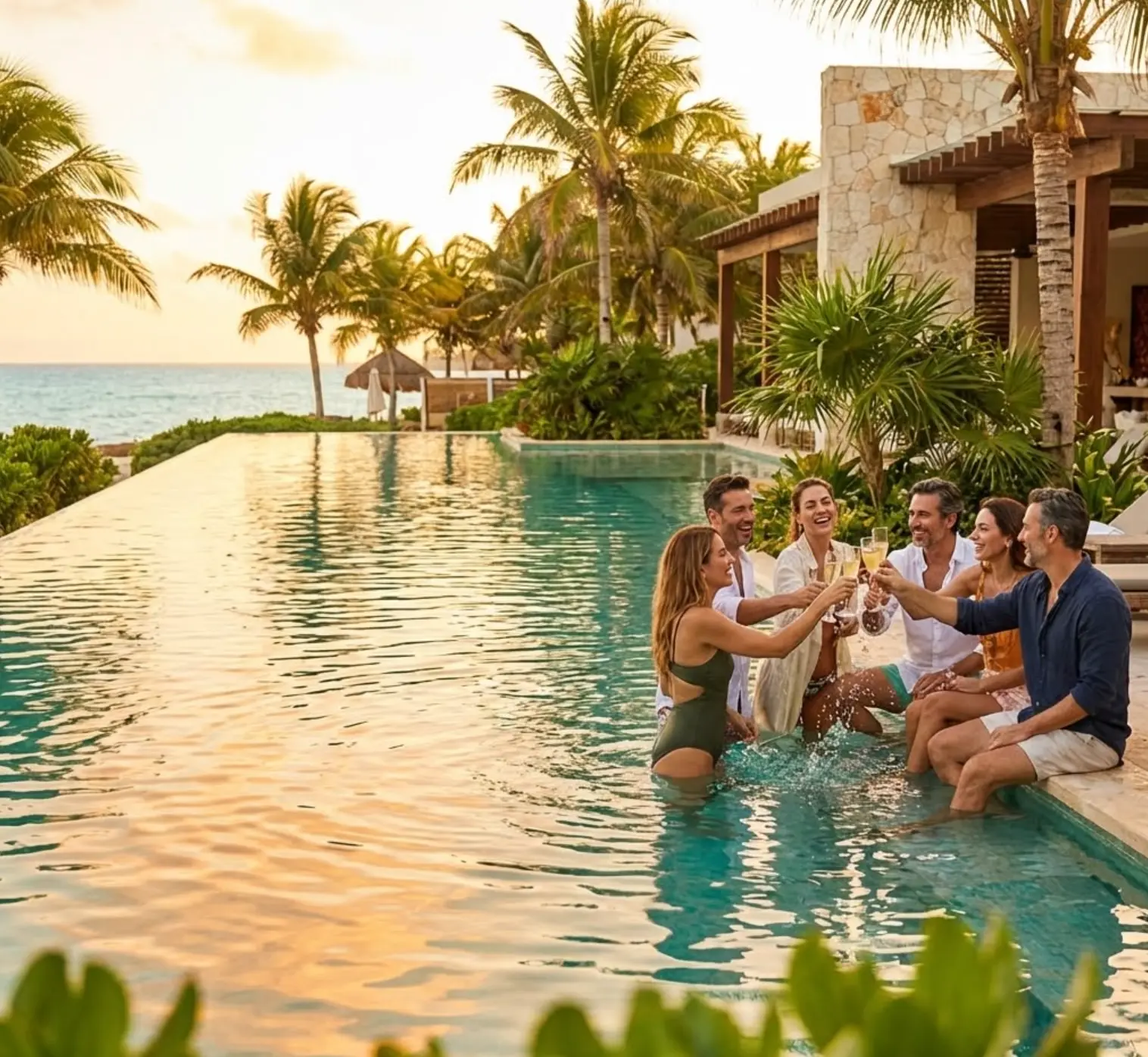 Grupo de amigos reunido à beira de uma piscina durante uma viagem