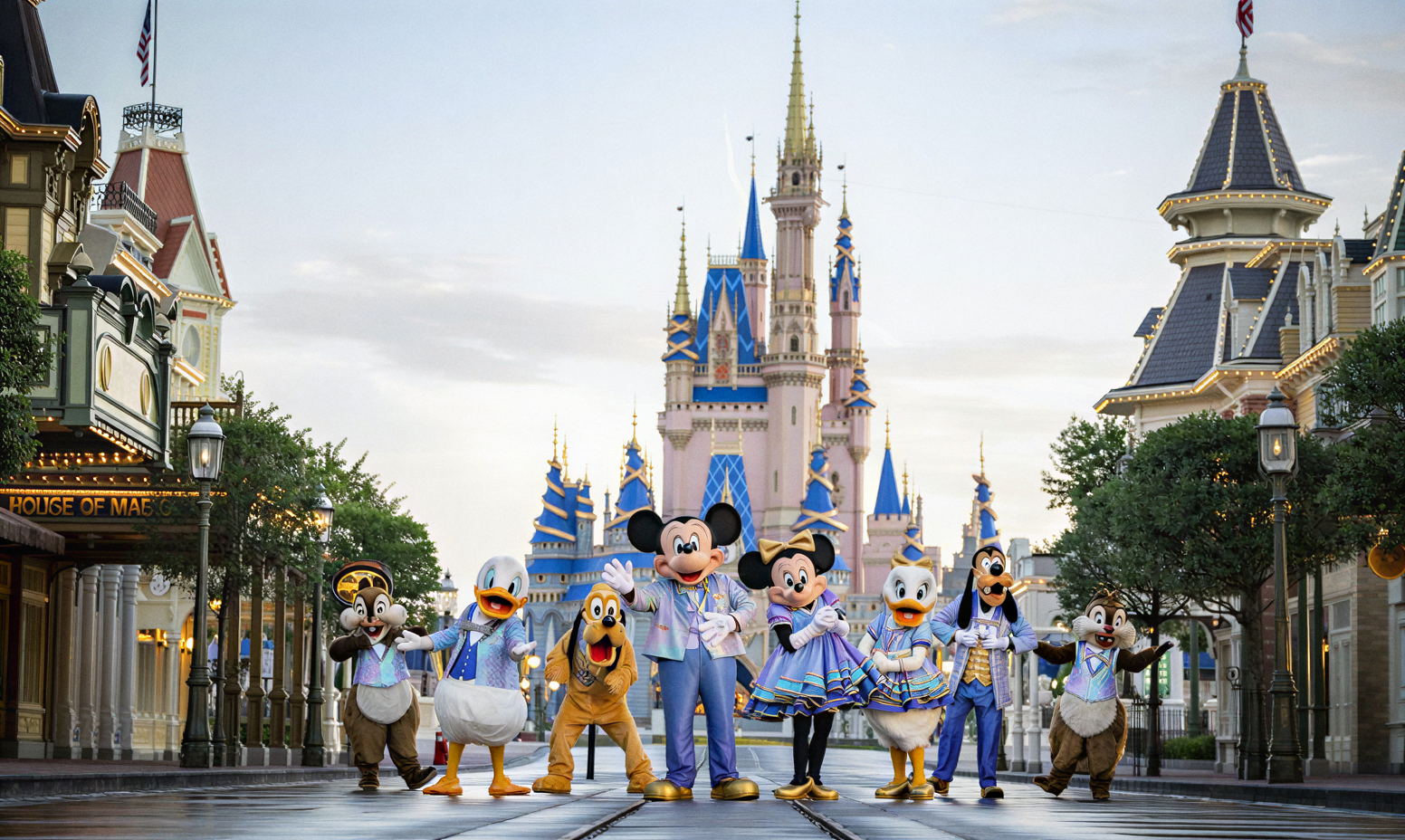 Personagens da Disney e o castelo da Cinderela ao amanhecer