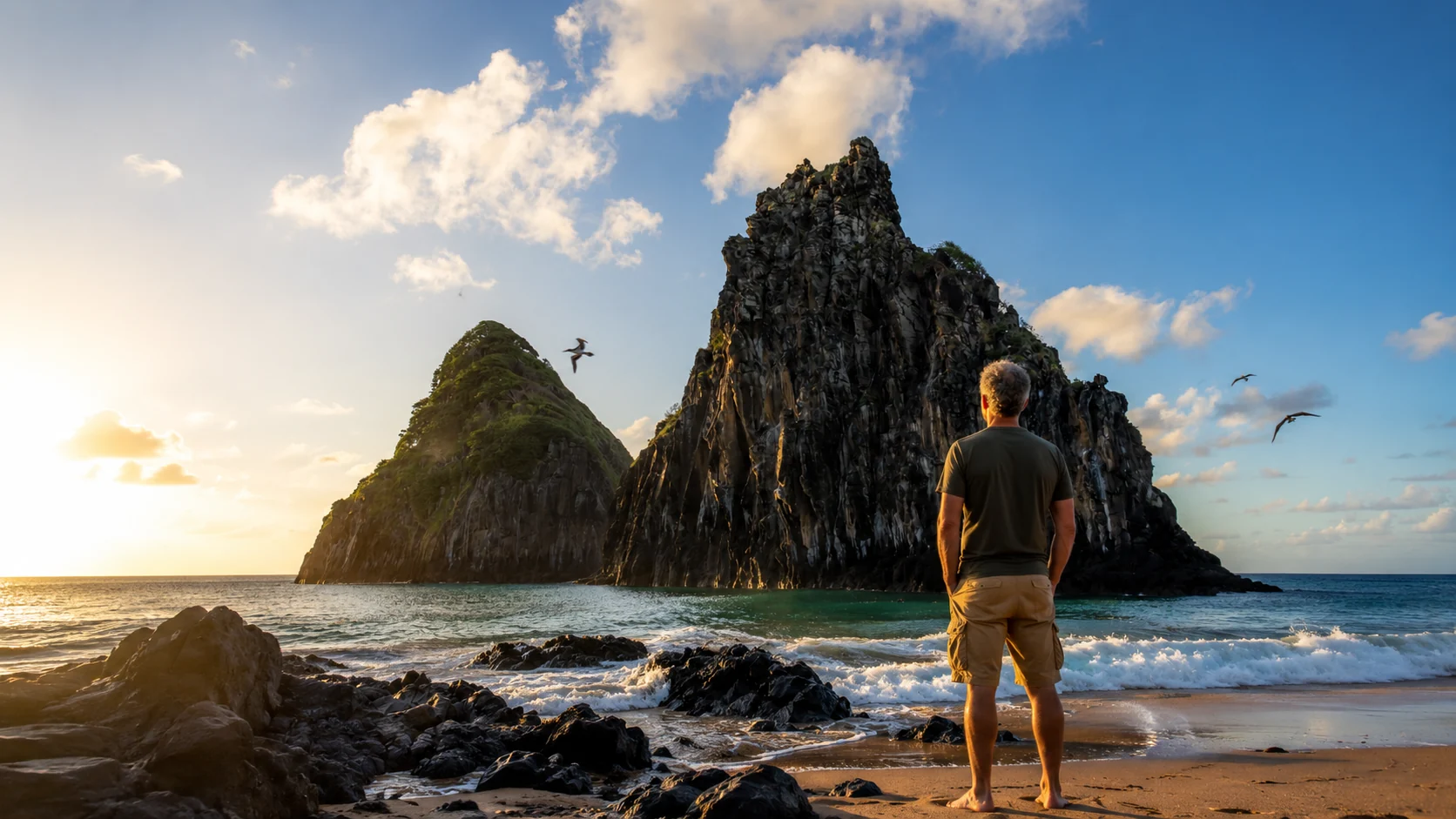 Morro Dois Irmãos ao pôr do sol em Fernando de Noronha, Brasil