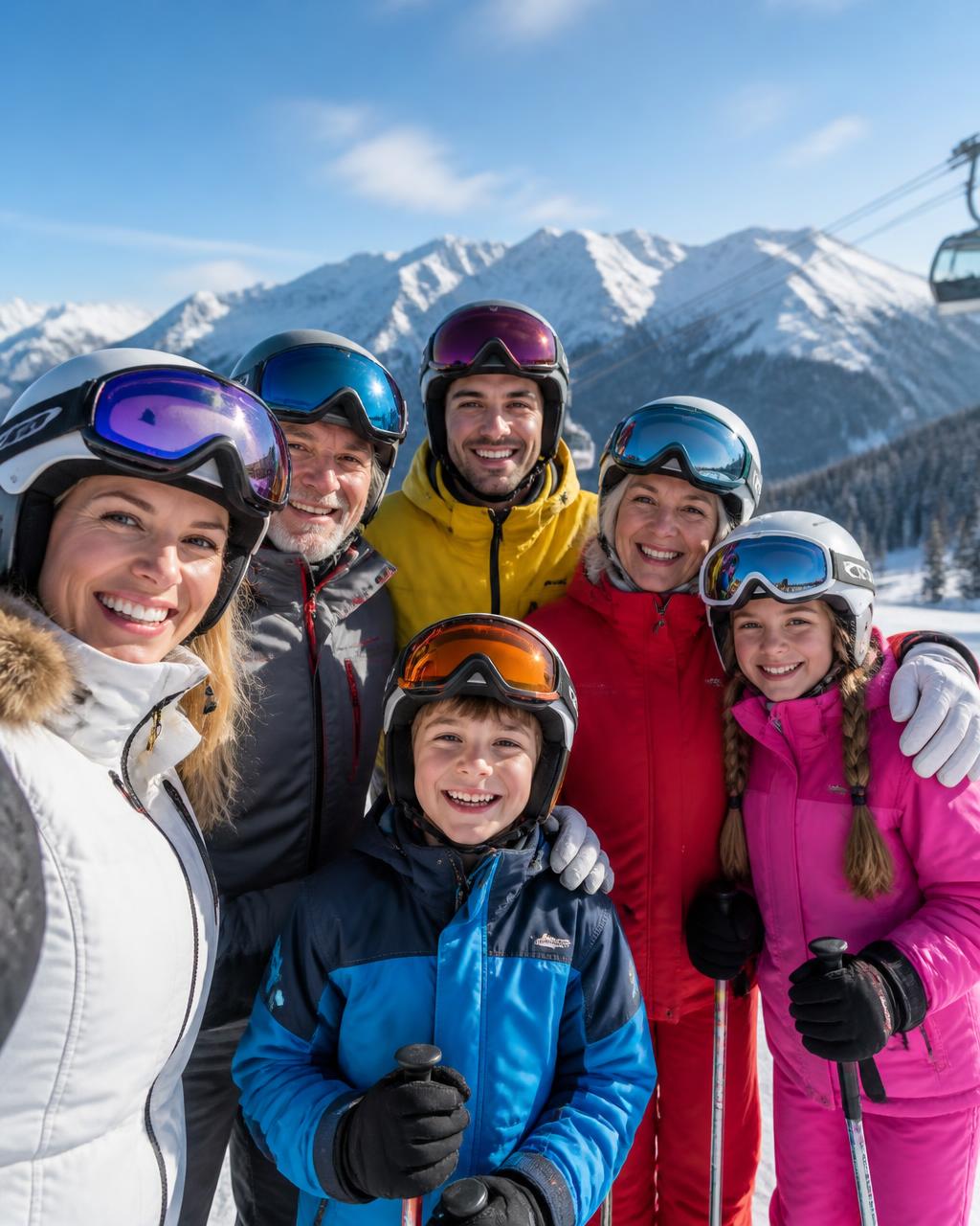 Família multigeracional com crianças em estação de ski ensolarada, com montanhas nevadas ao fundo