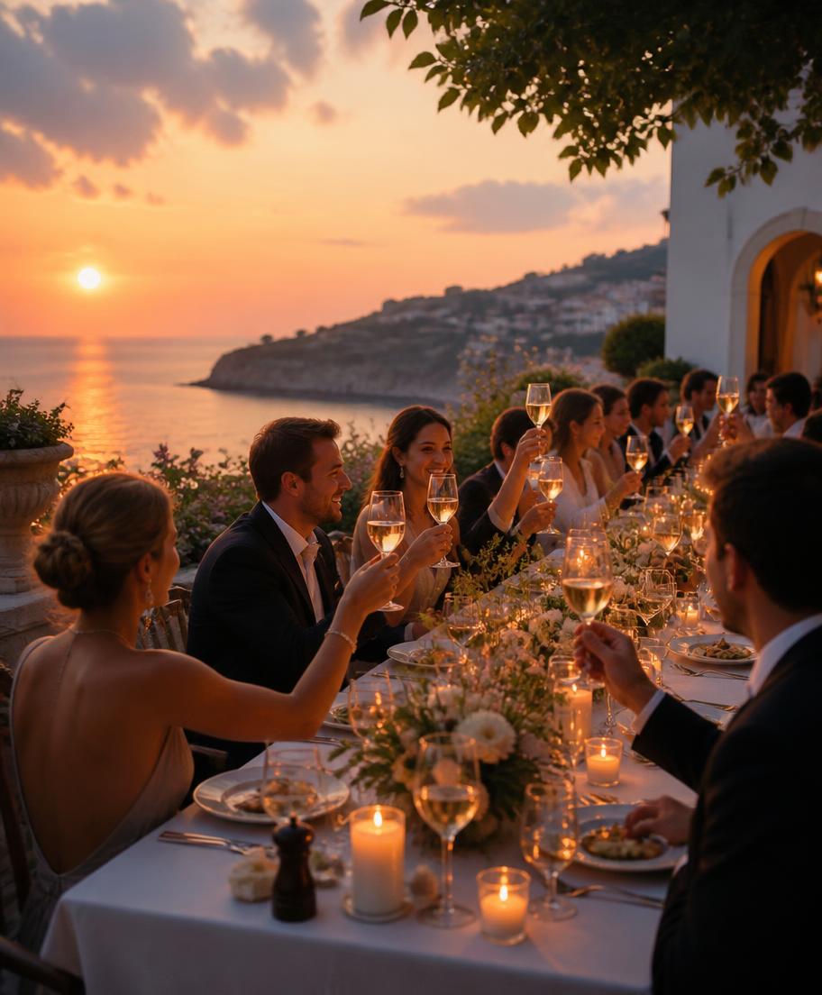 Brinde em jantar de celebração em terraço com vista para o mar no pôr do sol