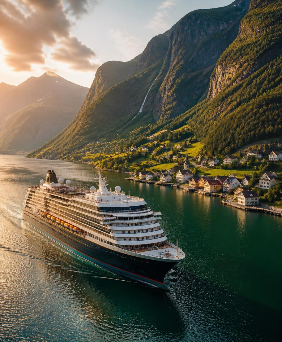 Navio de cruzeiro navegando por um fiorde norueguês ao amanhecer