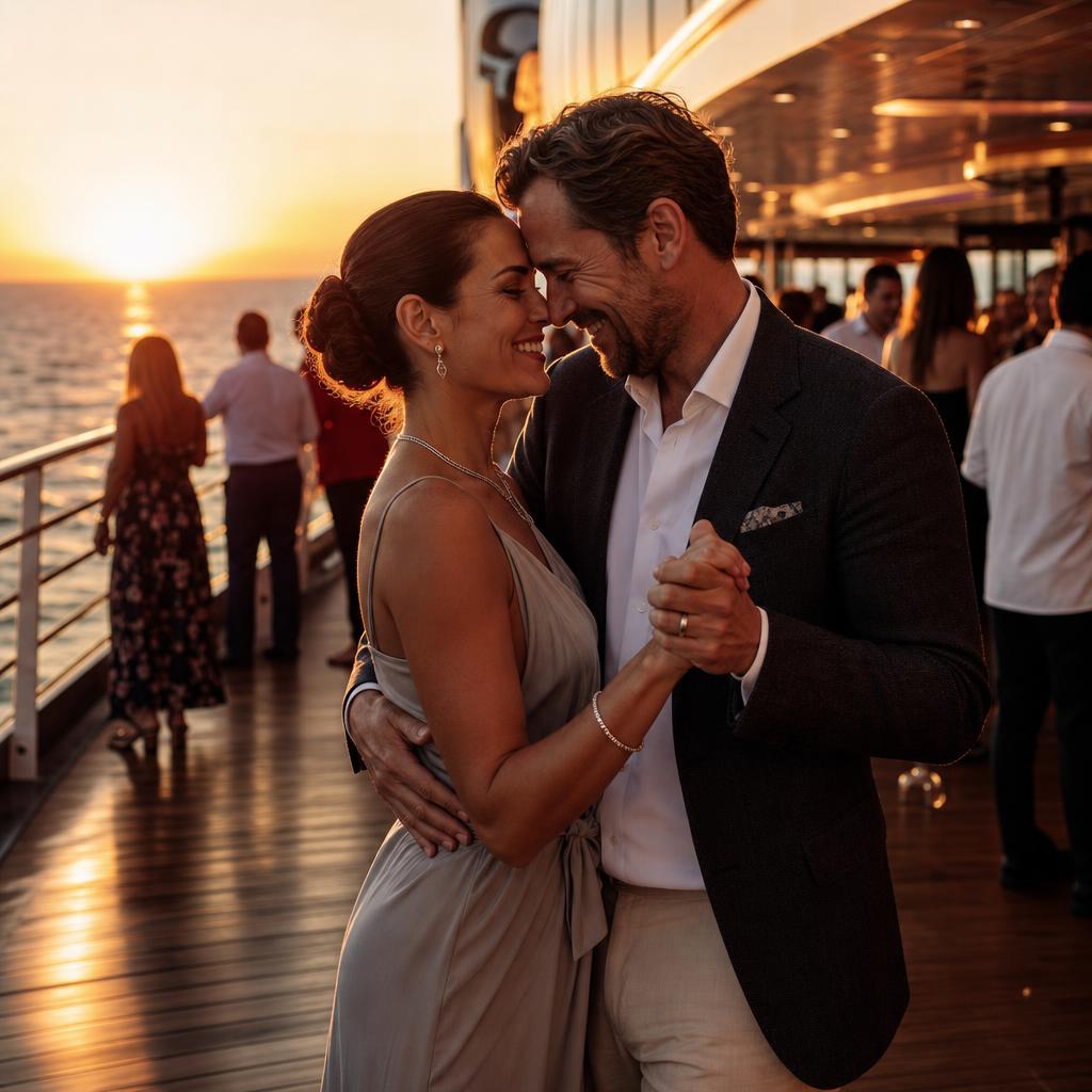 Casal dançando no deck de um navio ao pôr do sol