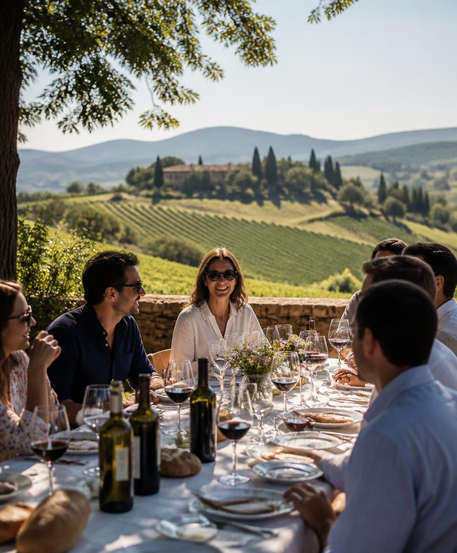 Almoço com degustação de vinhos em mesa longa entre vinhedos da Toscana