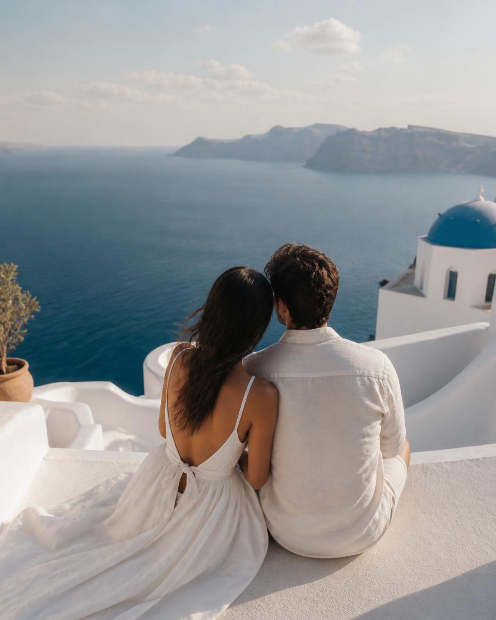 Casal sentado em terraço branco em Santorini, contemplando o mar Egeu e a caldera ao fundo